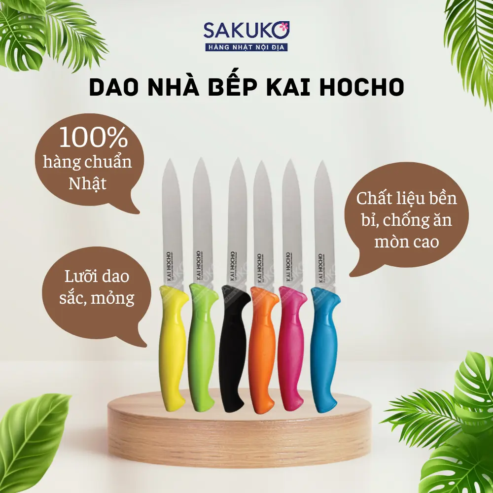 Dao Nhà Bếp KAI Hocho Nhật Bằng Thép Không Gỉ Cán Nhựa Nhiều Màu Lưỡi Thẳng/Lưỡi Răng Cưa