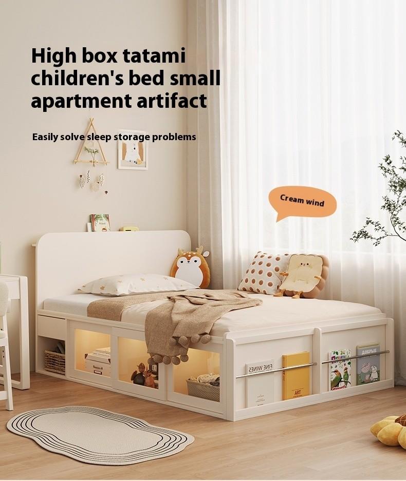 Product Introduction of [Pre-order]Children's small-sized bedroom one meter two children's storage high box bed, milk oil wind single bed 1