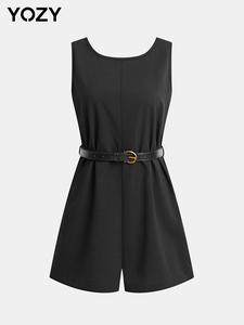 YOZY Short Sleeve Belted Wide Leg Romper/ Casual Sleeveless Round Neck Short Jumpsuit, Women's Wear for All Seasons, Beach Outfit