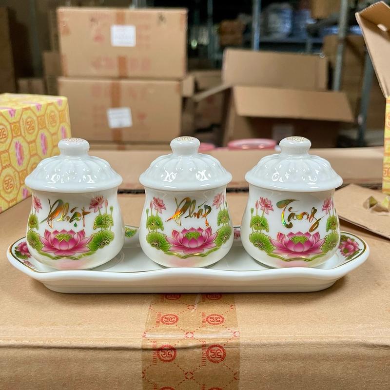 Bộ 3 Ly Nước Thờ Cúng Phật Pháp Tăng Hán- Việt, Bộ Thờ Cúng Bình Dĩa Sen Xanh Gốm Sứ Cao Cấp