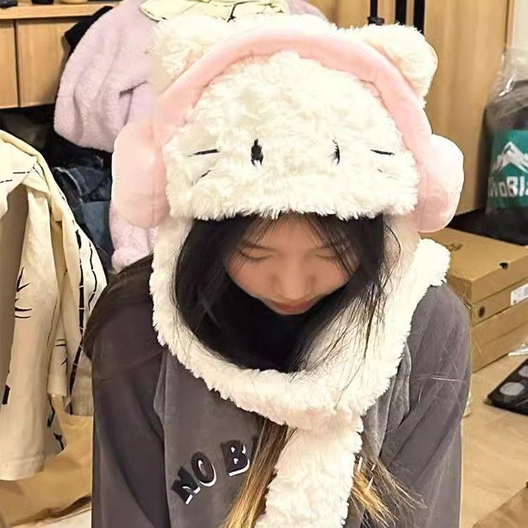 Product Introduction of Mũ Mèo, Tai Nghe Và Khăn Quàng Cổ Tích Hợp, Nữ Mùa Thu Và Mùa Đông, Hello Kitty Nhồi Bông Dễ Thương Và Dễ Phối Đồ, Chu Vi Đầu Lớn, Lót Lông Cừu Mùa Đông, Dày Dặn 5