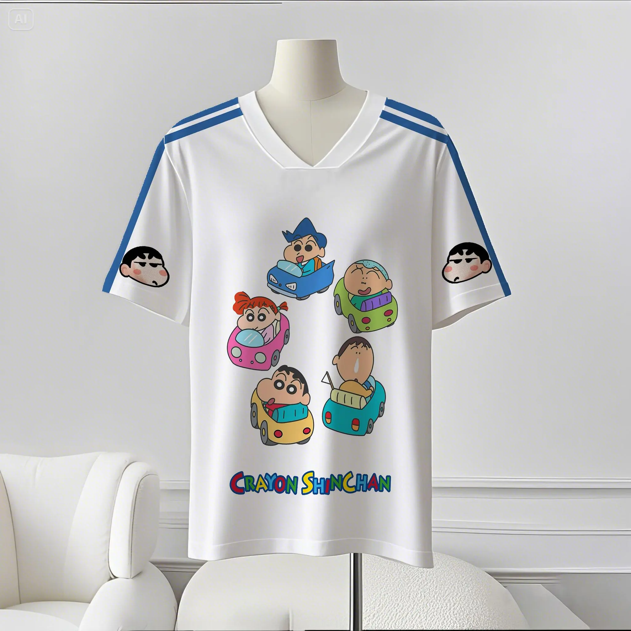 Microfiber Shirt, Short Sleeve, V-neck, Crayon Shin-chan Label, Cartoon Shirt 2025