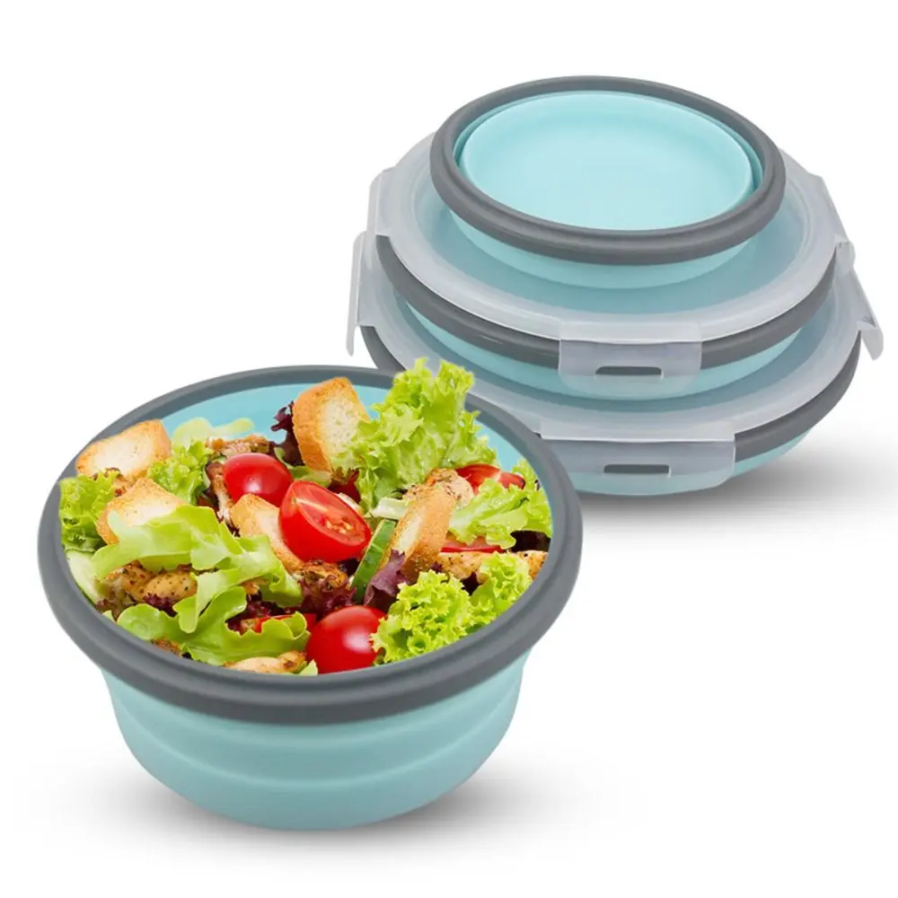 Convenient With Lid Folding Lunch Box Silicone Round Food Container Box Microwave Folding Bowl Kitchen