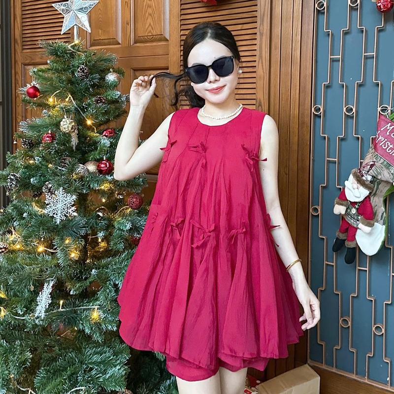 S131 SET ĐỒ NỮ GỒM ÁO SÁT NÁCH DÁNG BABYDOLL ĐÍNH NƠ KÈM QUẦN SỌT CHẤT TƠ NẾN FREESIZE tổng hợp các set đồ nữ đẹp Women Top Kem - set đồ sang chảnh nữ