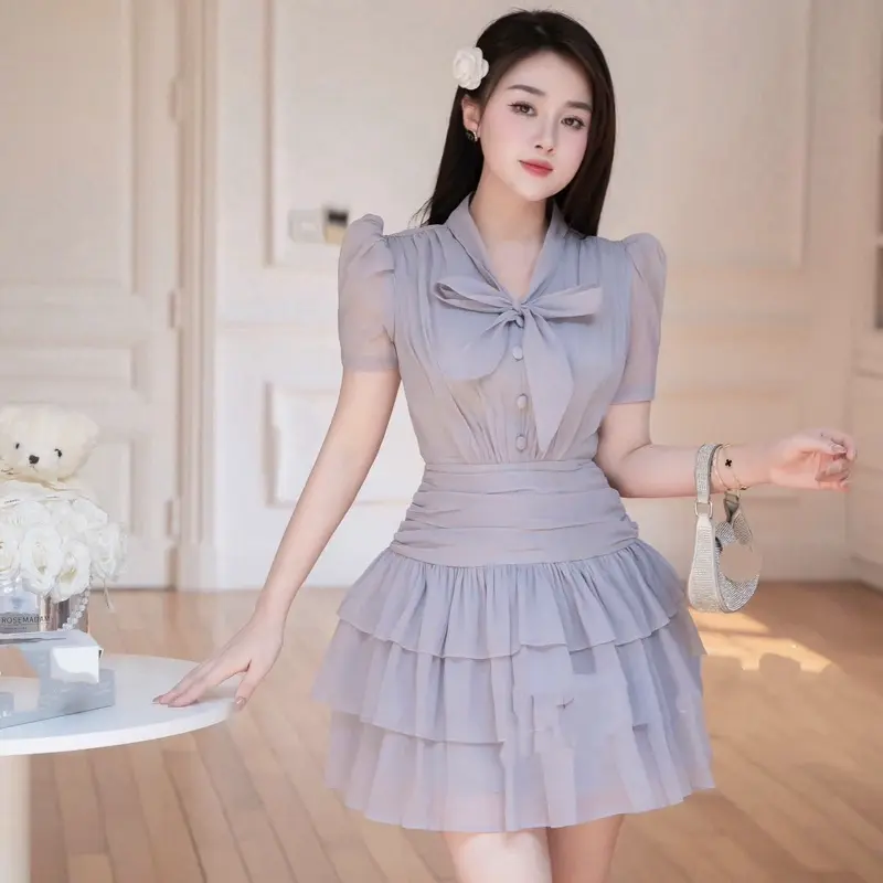 HĐ - Váy Thiết Kế Váy Tơ 3 Tầng Cổ Thắt Nơ Có Quần Bảo Hộ V3229 Nữ Women Press đầm nhún bèo