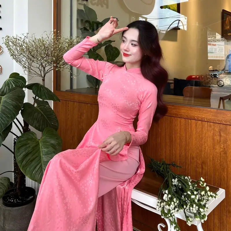 Bộ Áo dài Gấm Lụa Tơ Mềm cổ cao 2cm tay dài hoa nhí kèm quần lụa sang trọng  ( nhiều màu) Women 7