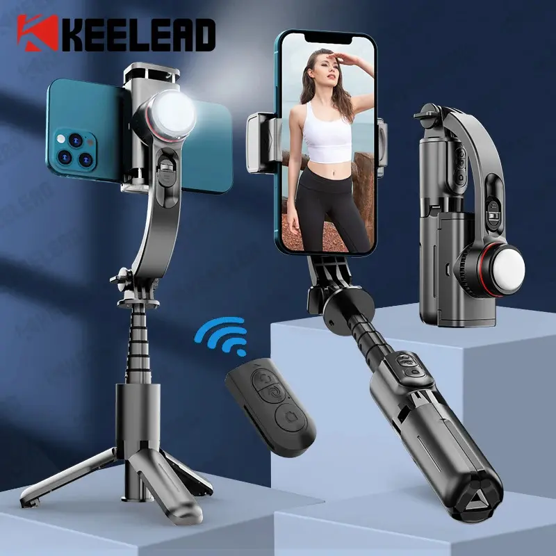 ไม้เซลฟี่กันสั่น Gimbal พร้อมไฟเติมและรีโมทคอนโทรลไร้สายบลูทูธ ขยายได้ สำหรับ Samsung, IPhone, โทรศัพท์มือถือและสมาร์ทโฟน ขา  ตั้ง กล้อง