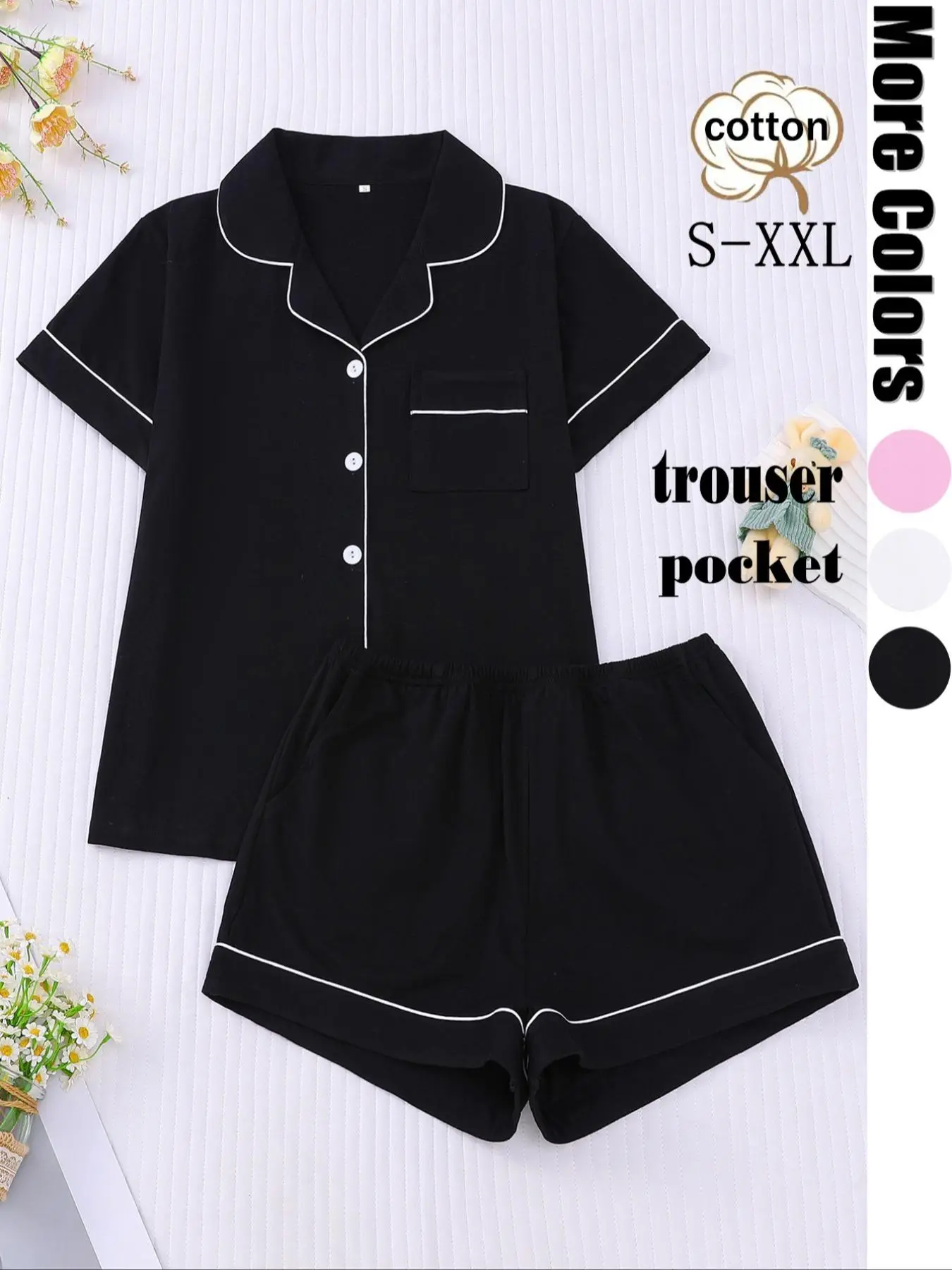 【Cotton】women's Contrast Binding Lapel Shirt & Elastic Waist Shorts Pajama Two-piece Set, Casual Comfy Short Sleeve Top & Shorts Pj Set, Ladies Summer Sleepwear, Cozy Lounge Set