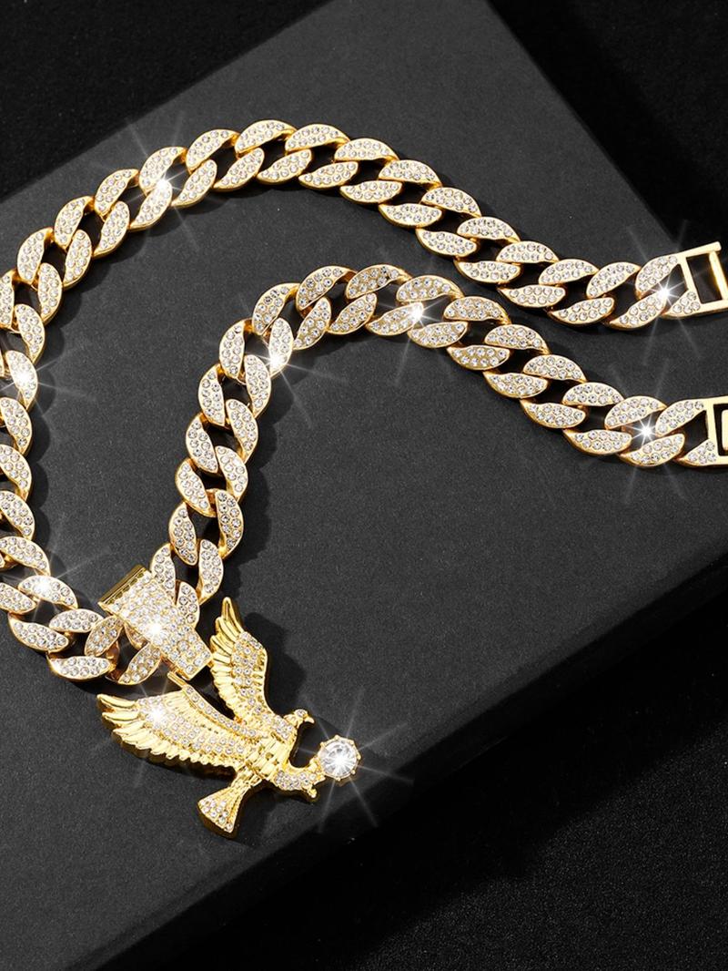 Product Introduction of Rhinestone Eagle Decor Pendant Necklace for Women & Men, Fashion Cuban Link Chain Jewelry for Party, Daily Clothing Decor, Classic Punk Accessories for Daily Wear 13