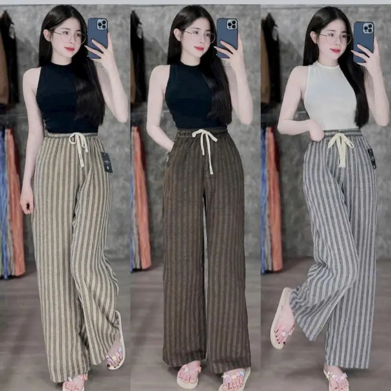 Quần Ống Suông Kẻ Sọc Lưng Chun Cạp Cao Phom Rộng Thu Đông Women Ong Thun 0