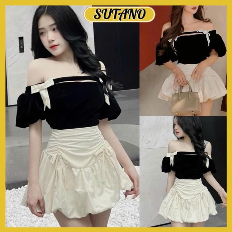 Set bộ đồ nữ áo trễ vai nhung tay phồng thêu nợ phối chân váy bí phồng tiểu thư B241 SUTANO