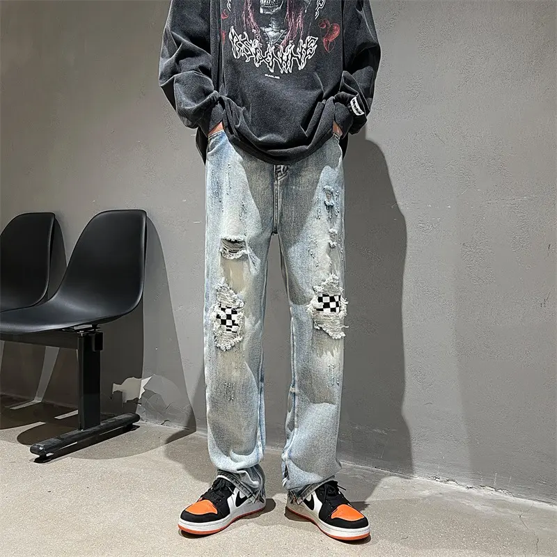 2026 Ripped Checkerboard Jeans for Men, Autumn High Street Design ...