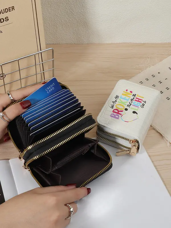 Fashion Letter Pattern Card Holder, Casual Versatile Zipper Card Holder, Simple Multi Slot Card Holder for Women & Girls 7
