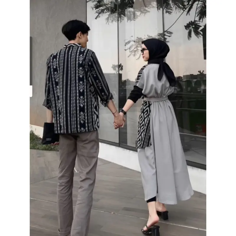 Set Couple Andin Hitam Abu Dress Kondangan Baju Batik Tenun Wanita Kain Panjang Polos Kombinasi Keluarga Pasangan 1