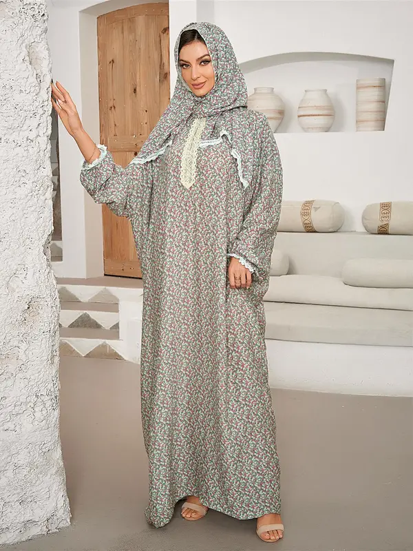 Women's Ditsy Floral Print Contrast Lace Prayer Dress with Integrated Hijab, Modest Elegant Batwing Sleeve Kaftan for Daily Wear, Ladies Islamic Clothing for All Seasons 2