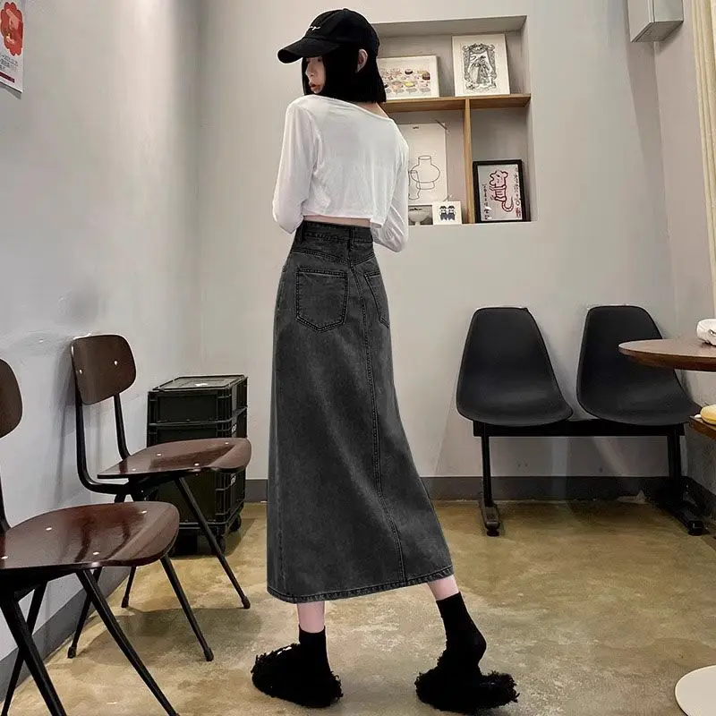 [long denim skirt without slit]Pear-Shaped Mid-Length Skirt Draping Effect Denim Women's Hip Skirt A- Line Versatile Slimming Retro No Slit