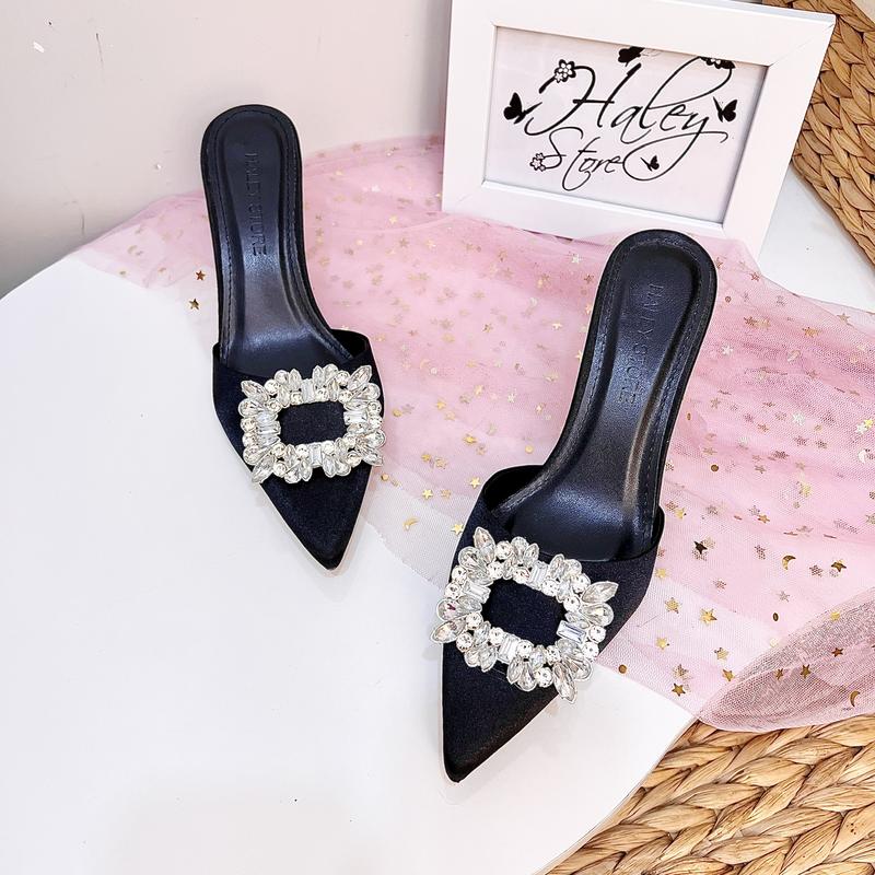 Guốc sục lụa cao gót 7p HALEY STORE mũi nhọn đính đá xoàn lấp lánh tiểu thư đi tiệc đi chơi đi học đi làm 6