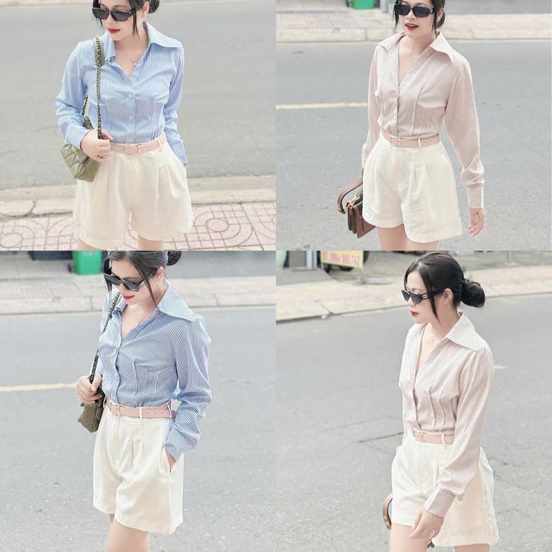 MS276: Áo sơ mi sọc xếp ly chiết eo tay dài hack dáng. Bigsize 40-95kg.