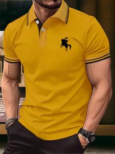 Men's Regular Fit Cartoon Horse Print Shortsleeve Polo Shirt, Casual Short Sleeve Button Front Top for Summer, Fashion Men's Clothes for Daily Wear, Outdoor Golf Polo Shirt, Polo Gift, Menswear, Fabric