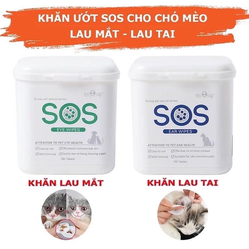 Khăn lau vết ố mắt/ Khăn lau vệ sinh tai chó mèo SOS dịu nhẹ 100 miếng 0
