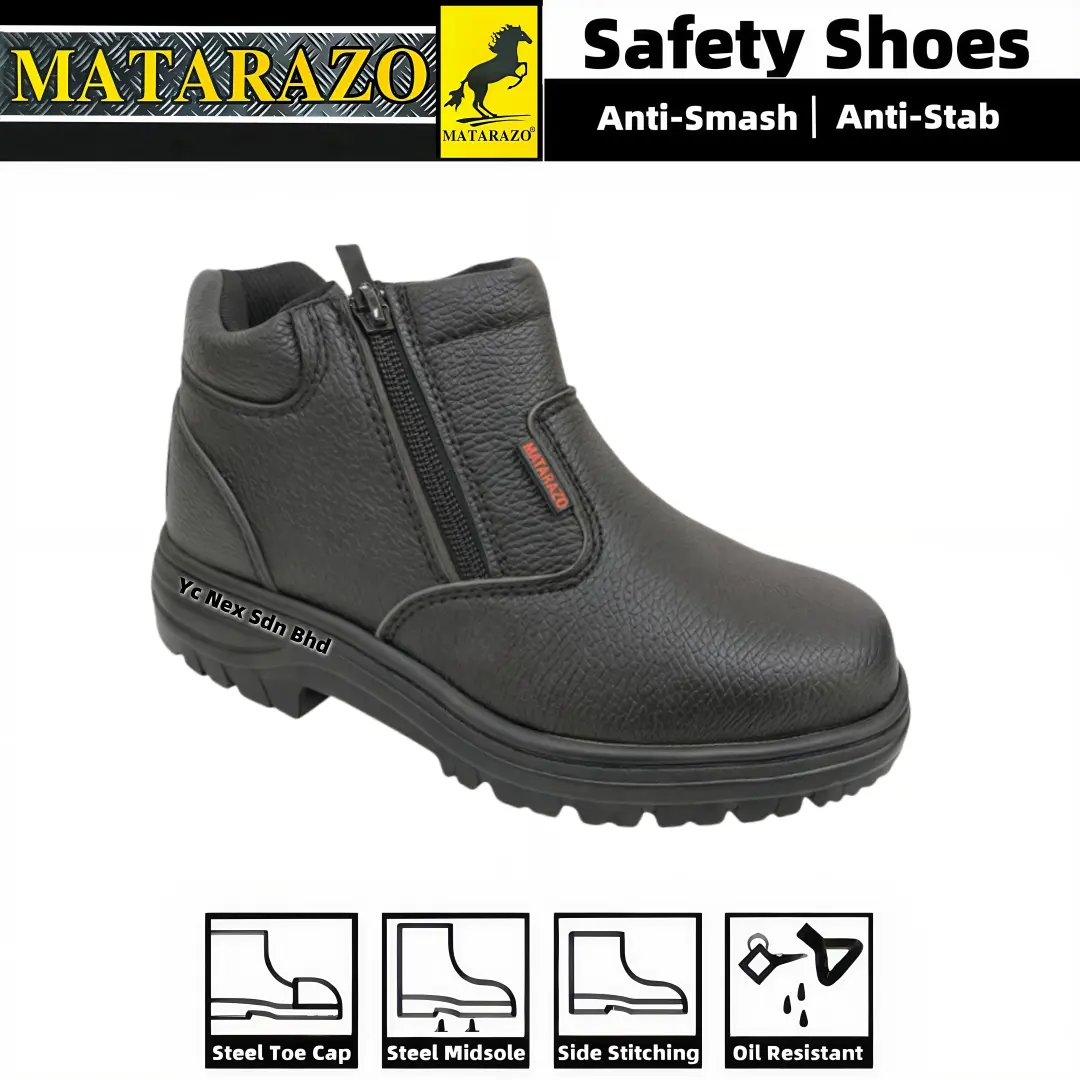 Matarazo Safety Shoes Mid Cut (Double Zip) Steel Toe Cap/Steel Mid Sole Black kasut kerja Microfiber Leather Light Men Shoes
