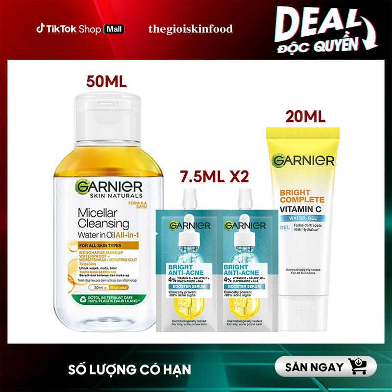 [Combo 4 Món] Nước Tẩy Trang 2 Lớp Mini Garnier Skin Naturals Micellar Cleansing Water In Oil All-In-1 50ml + 2 Sample Garnier Skin Naturals Bright Complete Anti-Acne Booster Serum 7.5ml + Gel Dưỡng Mini Garnier Bright Complete Vitamin C Water-gel 20ml