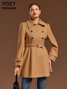 YOZY Women's Solid Double Button Belted Woolen Coat, Casual Lapel Long Sleeve Coat for Fall & Winter, Women's Clothing for Daily Wear