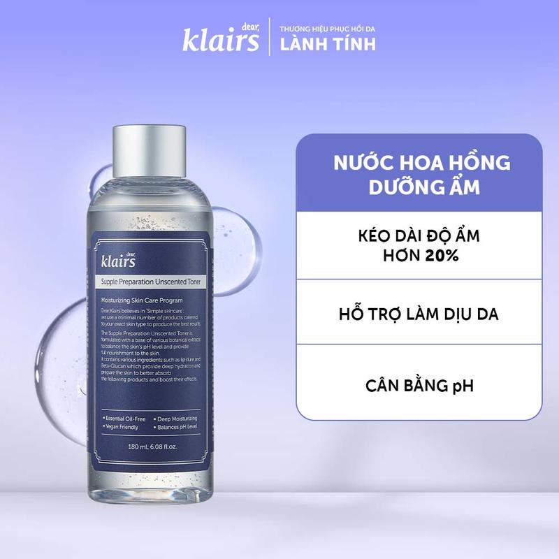 [Dear, Klairs x KOL1] Nước hoa hồng cấp ẩm Dear, Klairs Supple Preparation Unscented Toner 180ml Skincare