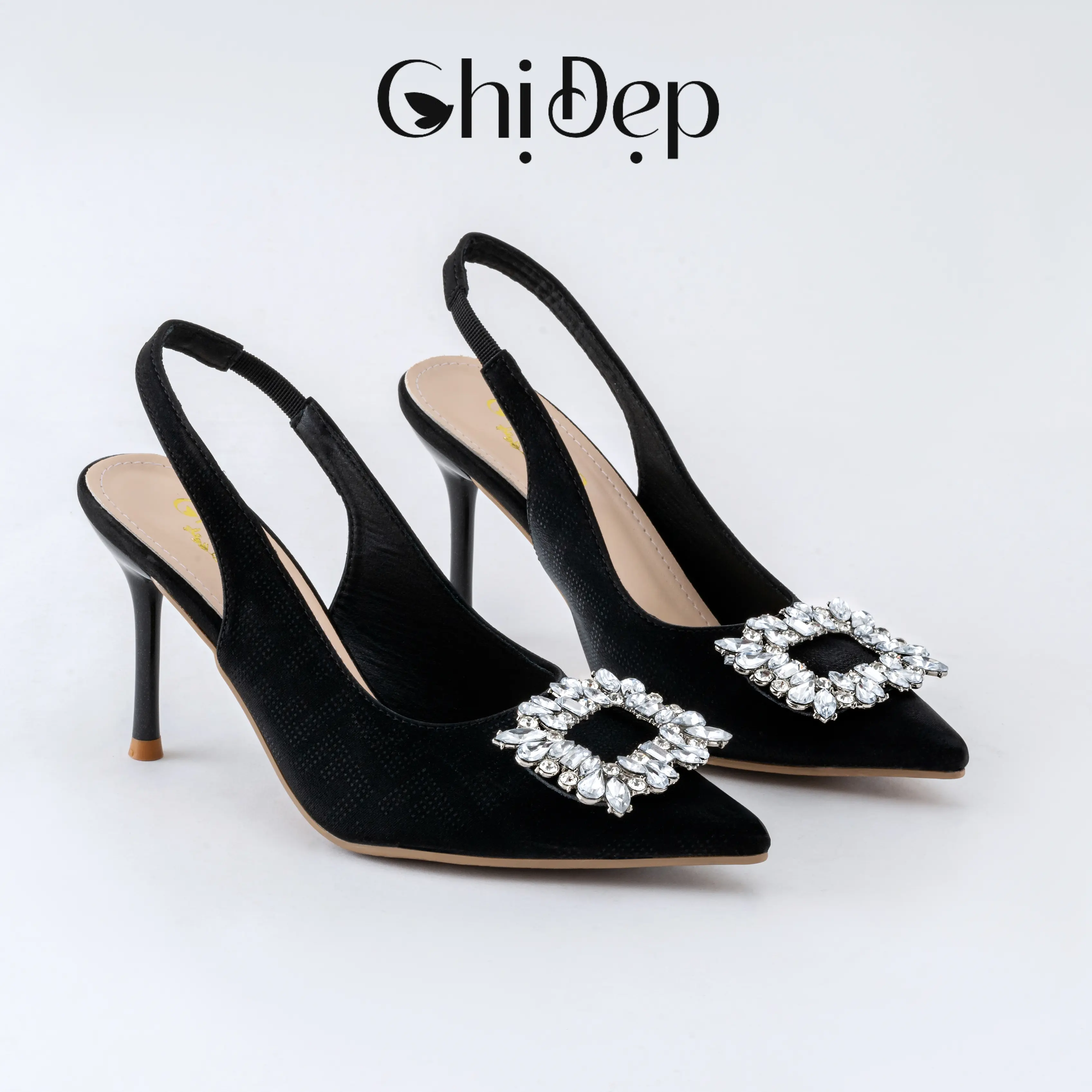 Chị Đẹp Store - Giày Sandal Cao Gót Bít Mũi In Vân Nổi 3D Đính Đá Vuông Gót Nhọn 7-9cm Hậu Thun- U59 Shoes Nữ
