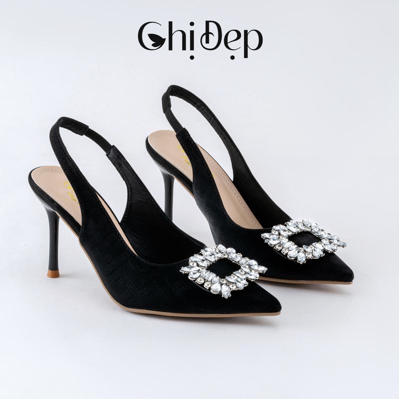 Chị Đẹp Store - Giày Sandal Cao Gót Bít Mũi In Vân Nổi 3D Đính Đá Vuông Gót Nhọn 7-9cm Hậu Thun- U59 Shoes Nữ
