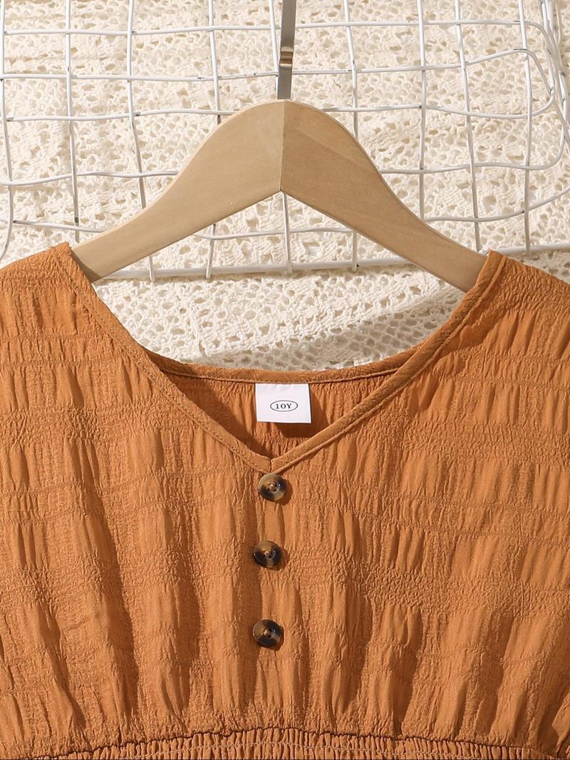 Product Introduction of Girl's Solid Color V Neck  Dress, Casual Short Sleeve A Line Dress for Summer, Kids Clothes for Daily Wear 3