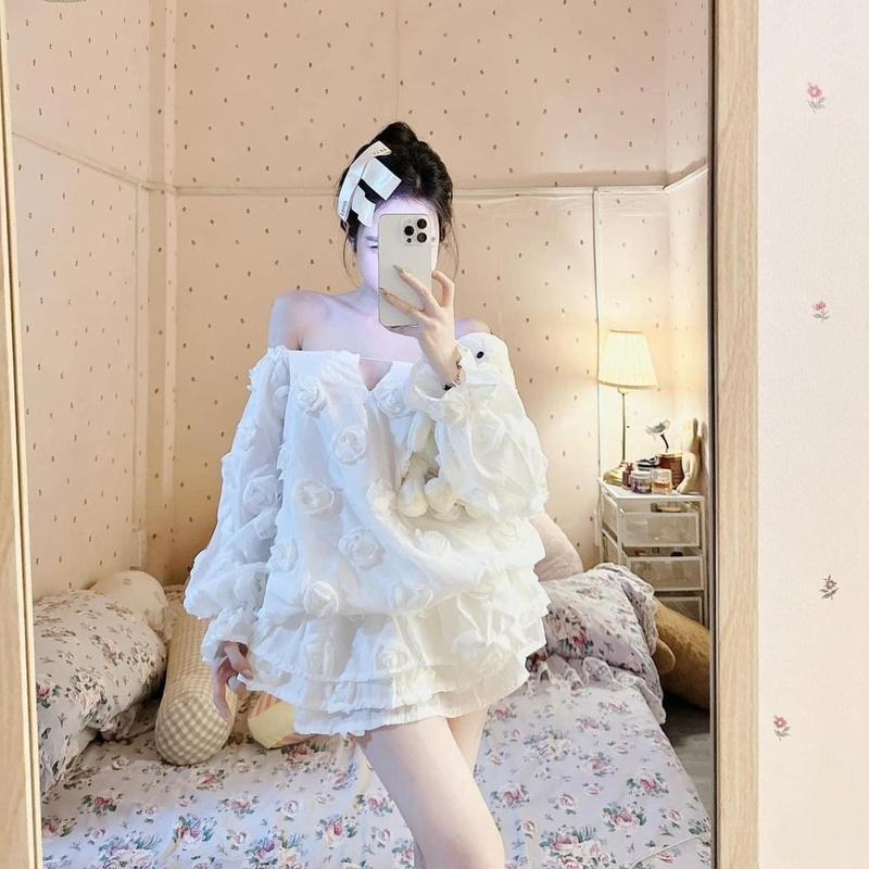 Áo váy bông hồng 2 lớp hoa nổi trễ vai kèm quần cho Nữ - Women Voi