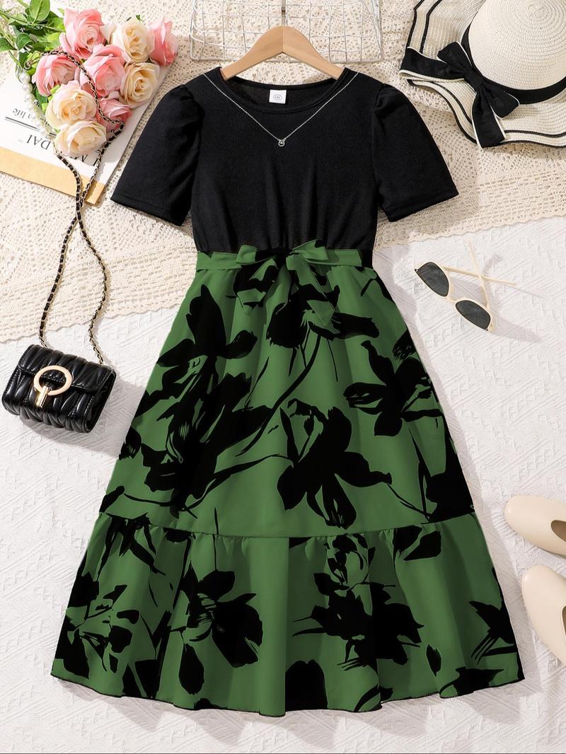 Product Introduction of Girl's Floral Print Belted A Line Dress, Elegant Fashion Casual Short Sleeve Dress for Daily Outdoor Wear, Girls Dress for Summer 7