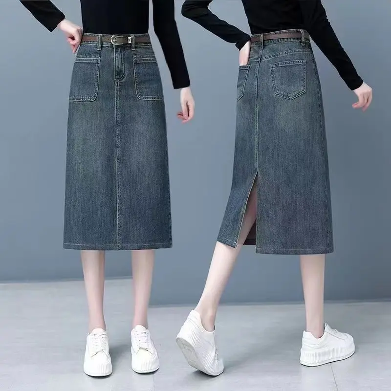 Chân Váy Denim Dài Trung Bình Dành Cho Nữ, Cạp Cao, Chân Váy Chữ A, Chân Váy Ôm Sát, Chân Váy Dài, Hàng Mới Về Mùa Xuân Hè Năm 2024 Women Khuy