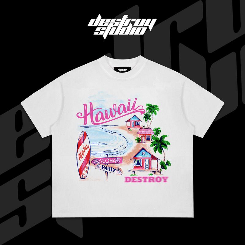 Áo thun ALOHA PARTY HAWAII - Cotton - Brand Destroy Studio Menswear Nam Cổ Tròn Kem Unisex Trắng aothun  basic