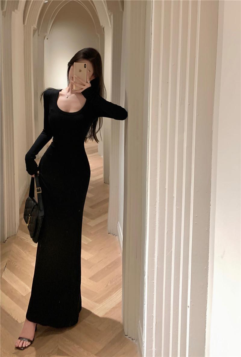 Product Introduction of Spicy girl wine red long sleeved dress with feminine temperament, hip hugging skirt, simple base skirt, slim fit and slimming effect, mid length skirt 22