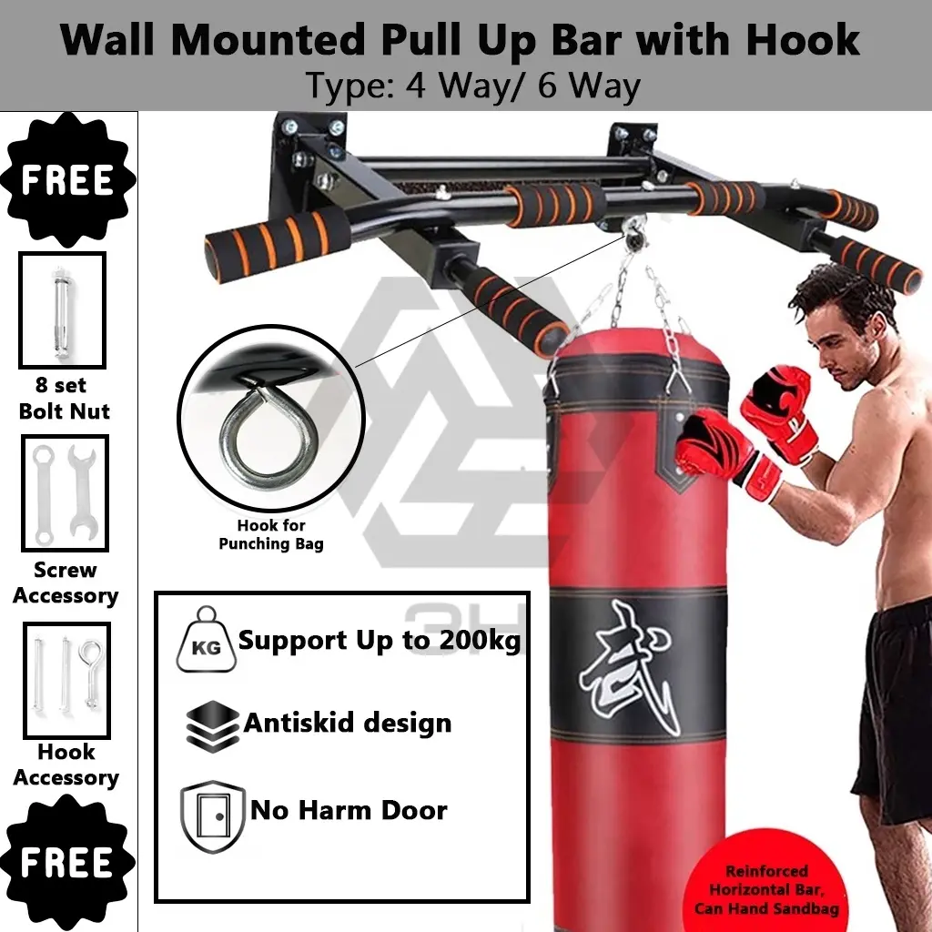 3H Fitness Wall Mounted Pull Up/Chin Up Bar with hook for MMA Boxing Sandbag/ Punching Bag muscle fitness equipment