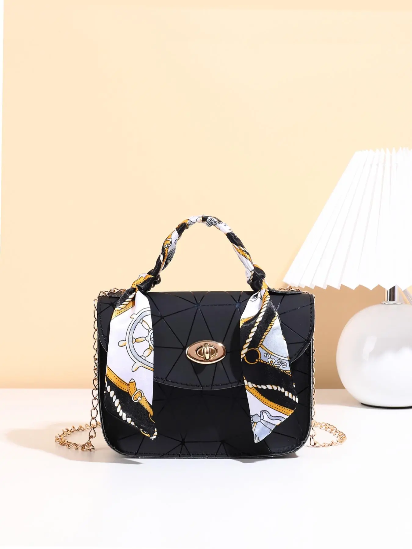 Women's Fashion Solid Color Handbag with Twilly Scarf, Elegant Buckle Flap Square Satchel, Trendy All-match Commuter Bag