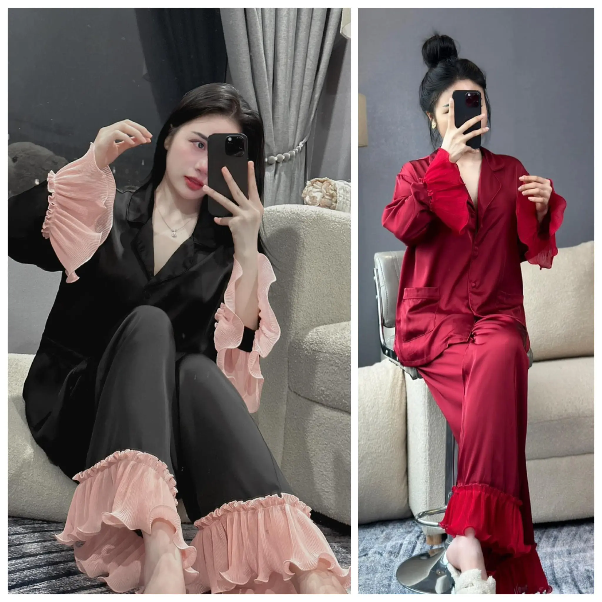 Đồ Bộ Tiểu Thư Tay Bèo Voan Chất Lụa Latin Mềm Mịn Free Size 40-58kg Women Nữ Women Nữ Lolita Quần Ngủ