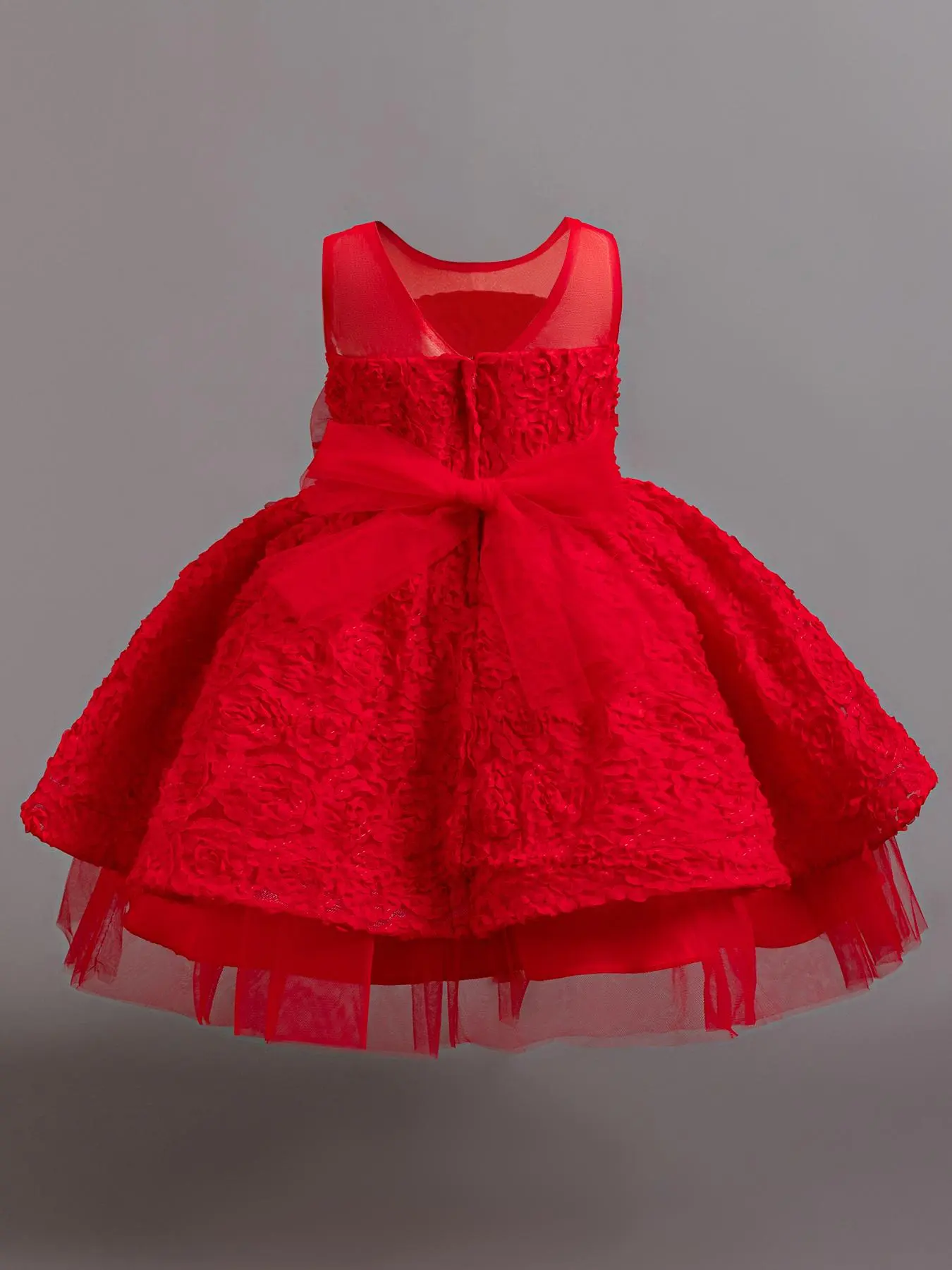Girl's Solid Floral Decor Dress, Elegant Sleeveless Bow Decor Knee Length Dress for Party, Kids Clothes for All Seasons