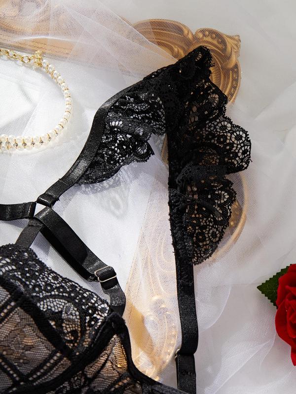 Women's 3pcs Sexy Garter Lingerie Set, Adjustable Strap Contrast Lace Ruffle Bra & Contrast Mesh Sheer Thong & Garter Belt Mesh Skirt Set, Lingerie Set for Women 4