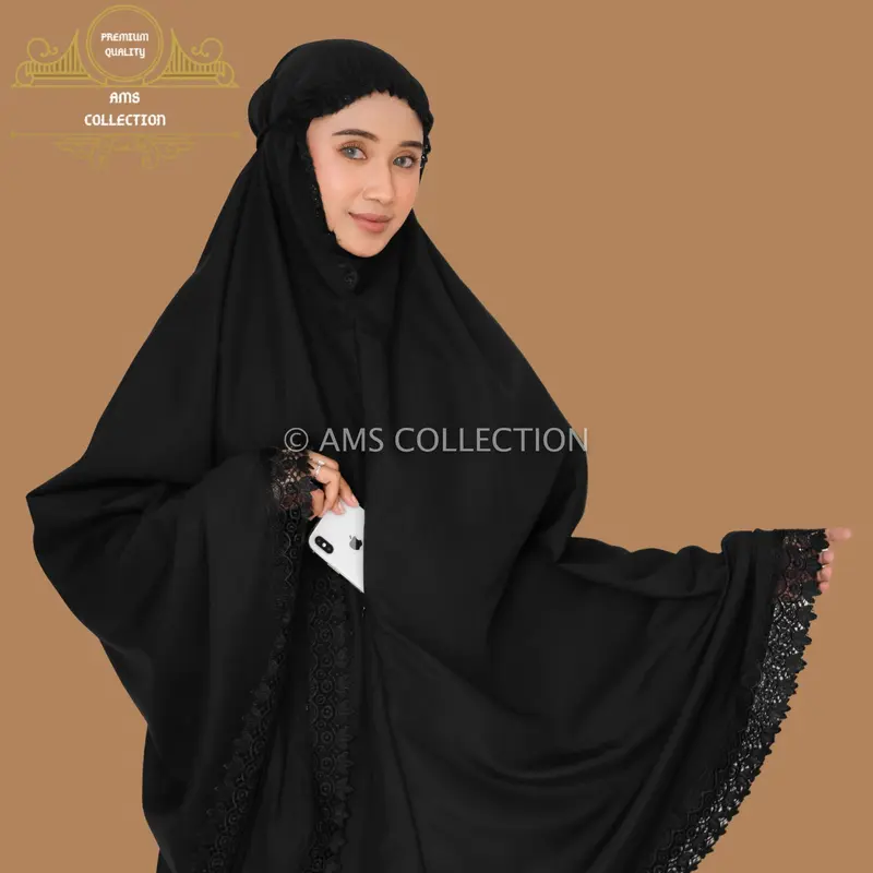 Bergo Umroh Haji Bahan Katun Premium Hijab Jumbo Bersaku Renda Mewah 8