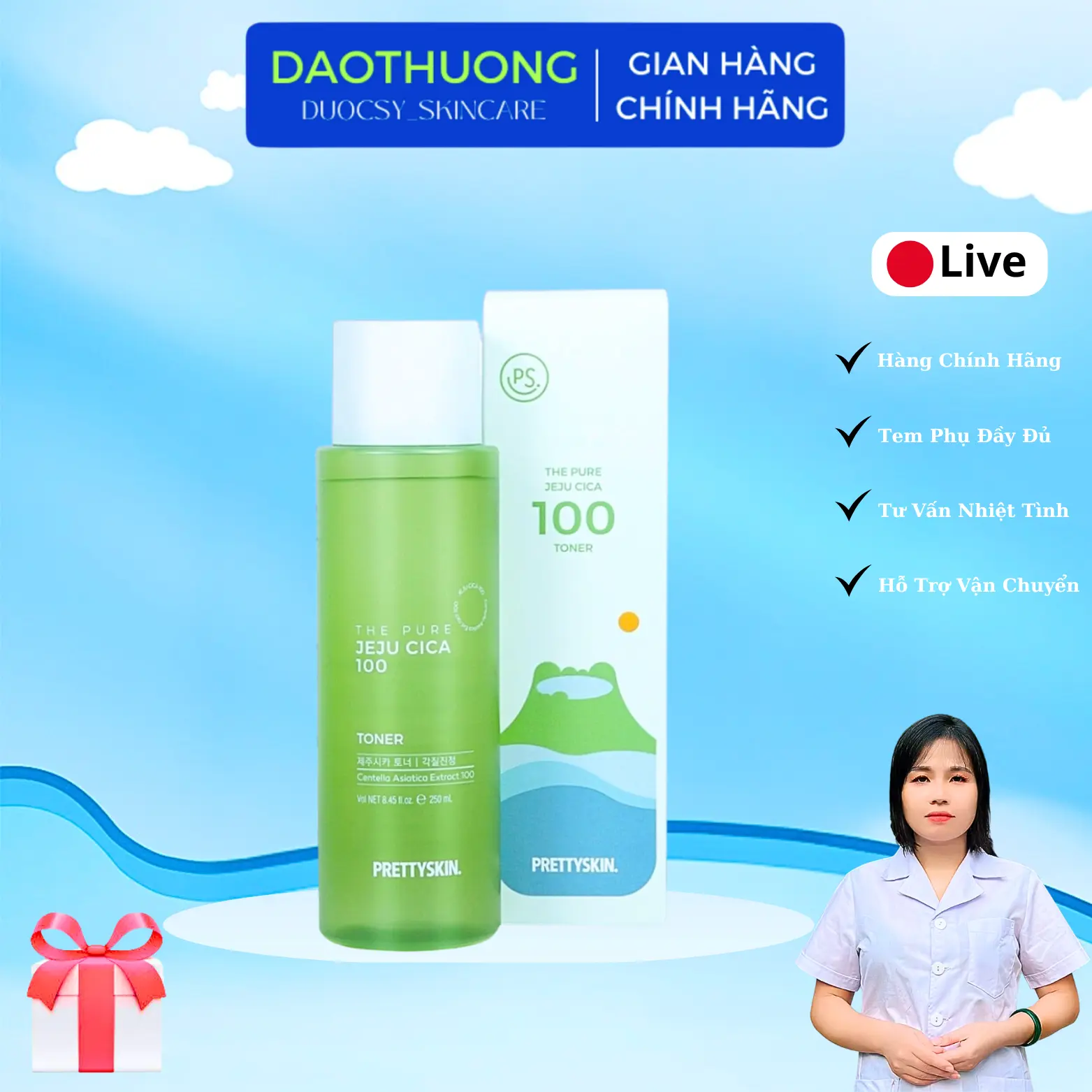 Prettyskin: Nước Hoa Hồng Rau Má JEJU CICA 100 TONER (chai 250ml) Skincare Dưỡng Ẩm Da quoc