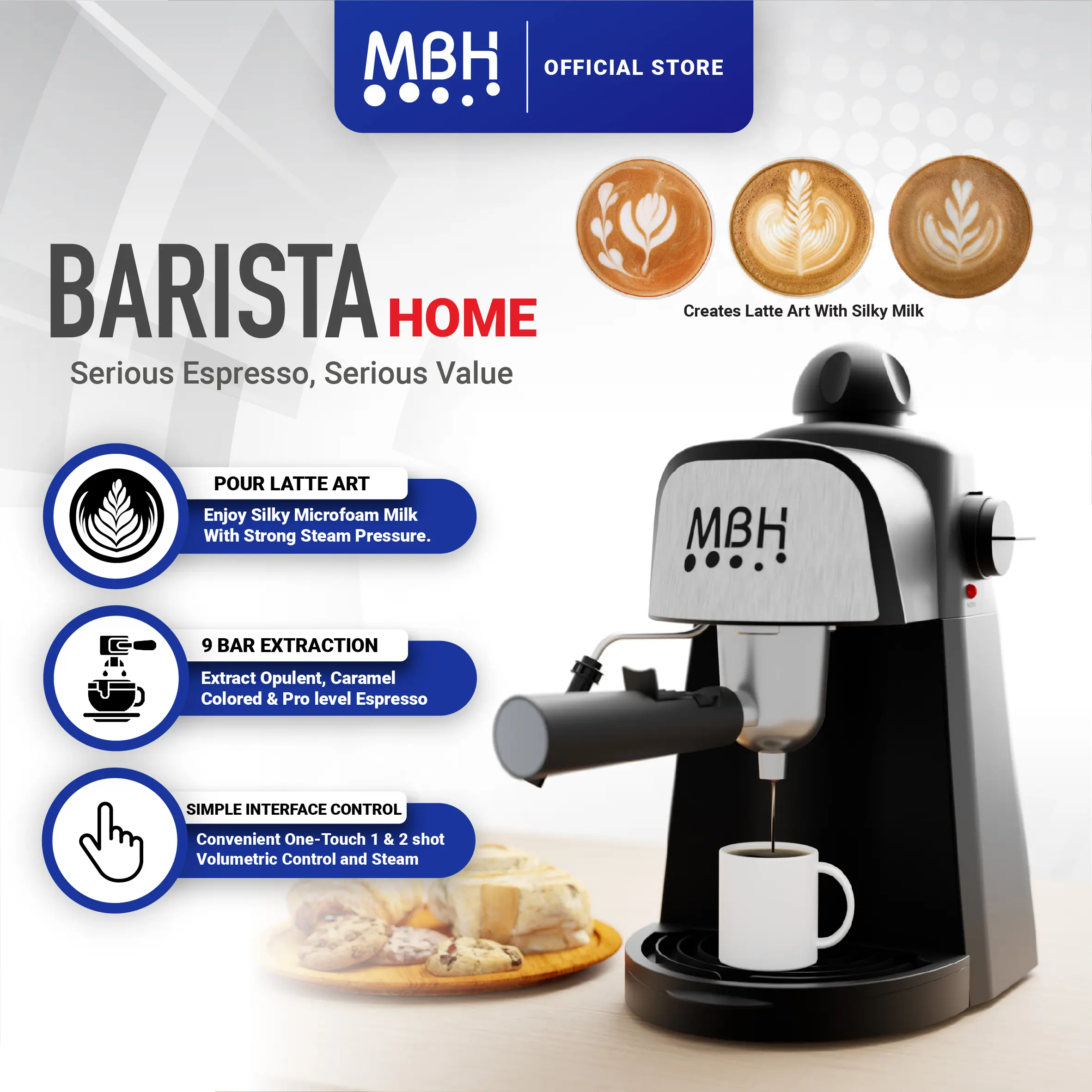 MBH Barista Semi Automatic 5-9 Bar Coffee machine, Espresso Machine, Italian Coffee Maker, Milk Foaming Portable coffee machine, Automatic Espresso Machine, Latte Art Coffee Machine [Free Coffee Accessory & Coffee Powder]