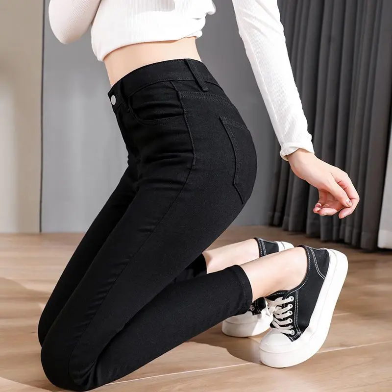 Quần Dài Jean Siêu Co Giãn, Dành Cho Nữ, Hàng Mới Về Mùa Xuân Và Mùa Thu, Mỏng Và Bó Sát, Cỡ Lớn, Đen Và Xanh Dương, Quần Dài Bàn Chân Nhỏ 37,50 Kg-100,00 kg