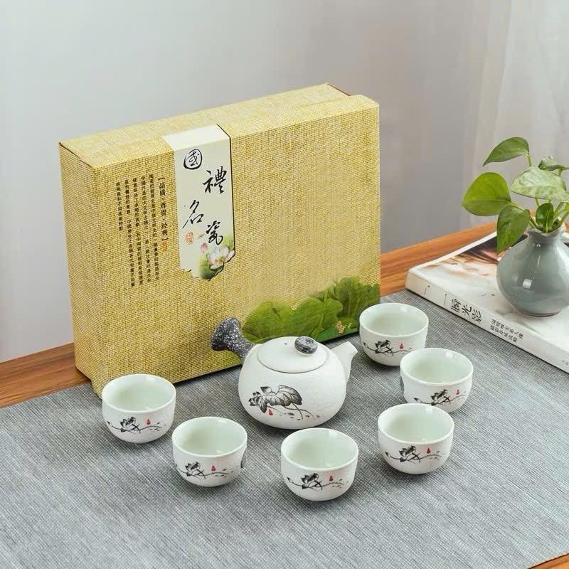 Bộ ấm chén men tuyết trắng thưởng trà - Bộ ấm trà nhỏ tuyết trắng, 1 ấm 6 chén kèm hộp đựng miền đất Bộ ấm trà 2