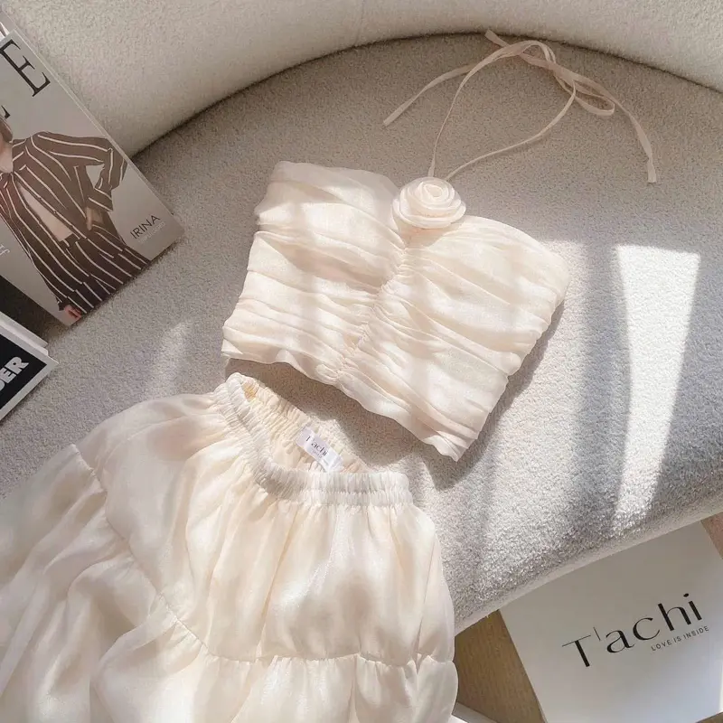 Váy Maxi Váy Đi Biển Set Váy Nữ Đi Biển Áo Cúp Ngực Đính Hoa Kèm Chân Váy Dáng Dài Chát Voan Tơ QC Mềm Mát 5