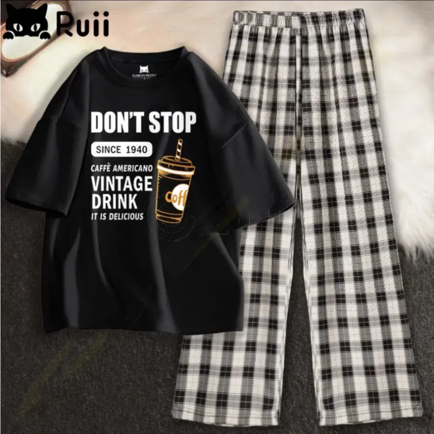 [FREESHIP TỪ ĐƠN 0 đ] Sét áo phông Don't stop và quần karo màu, Đồ UNISEX mặc ở nhà và đi chơi, chất đẹp, mặc không xù  -NGỌC SURI