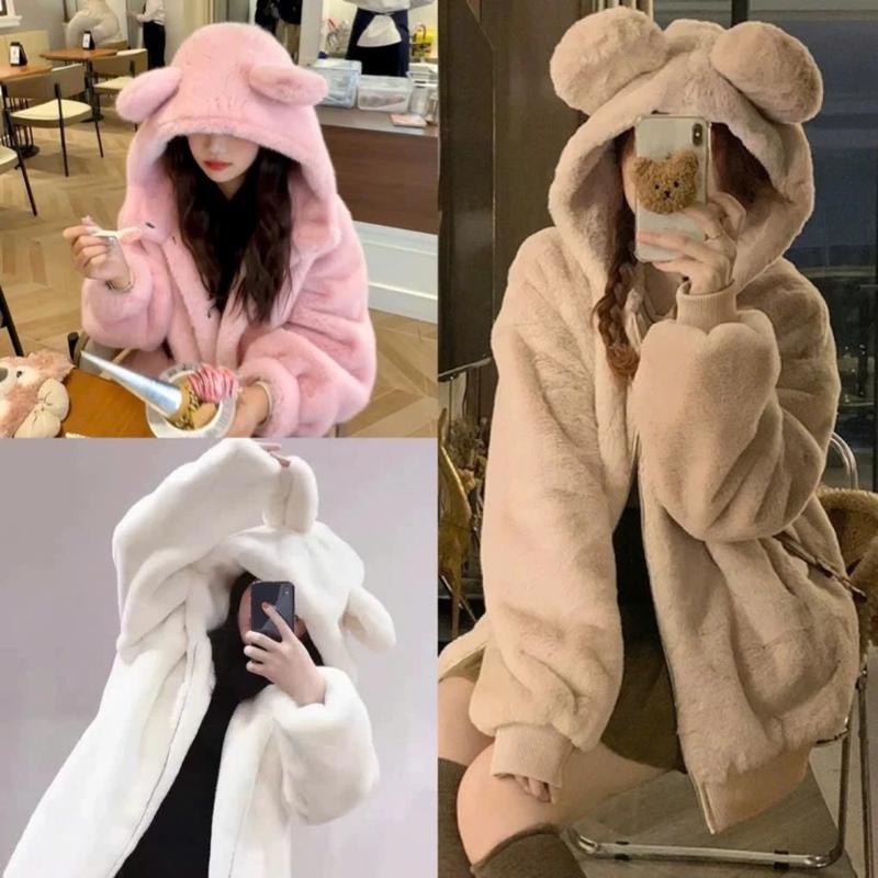 Áo khoá hoodie lông cừu mũ tai thỏ siêu ấm áp bất chấp rét đại hàn thời trang hàn quốc