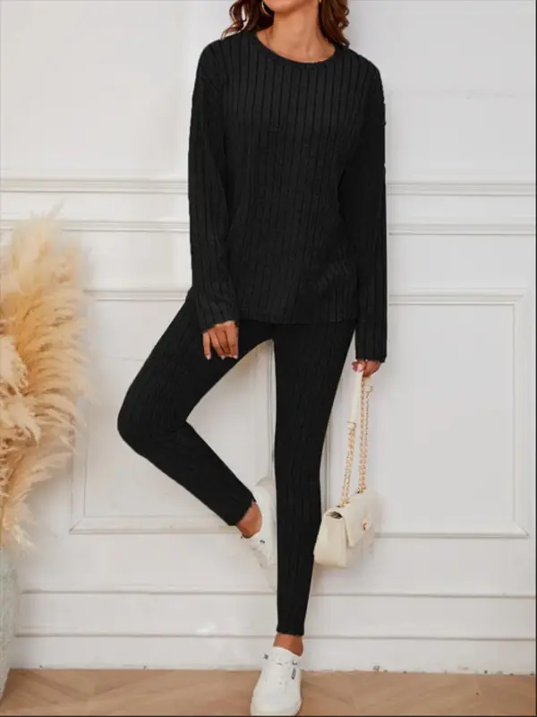 Two-piece Set Women's Solid Top &   Pants, Casual Long Sleeve Round Neck Top & Trousers for Fall & Winter, Women's Clothes for Daily Wear 0